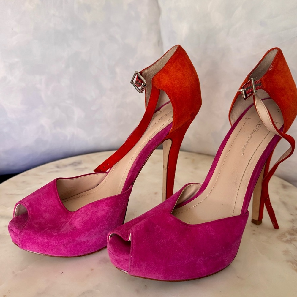 Vibrant Pink and Orange Peep Toe Heels